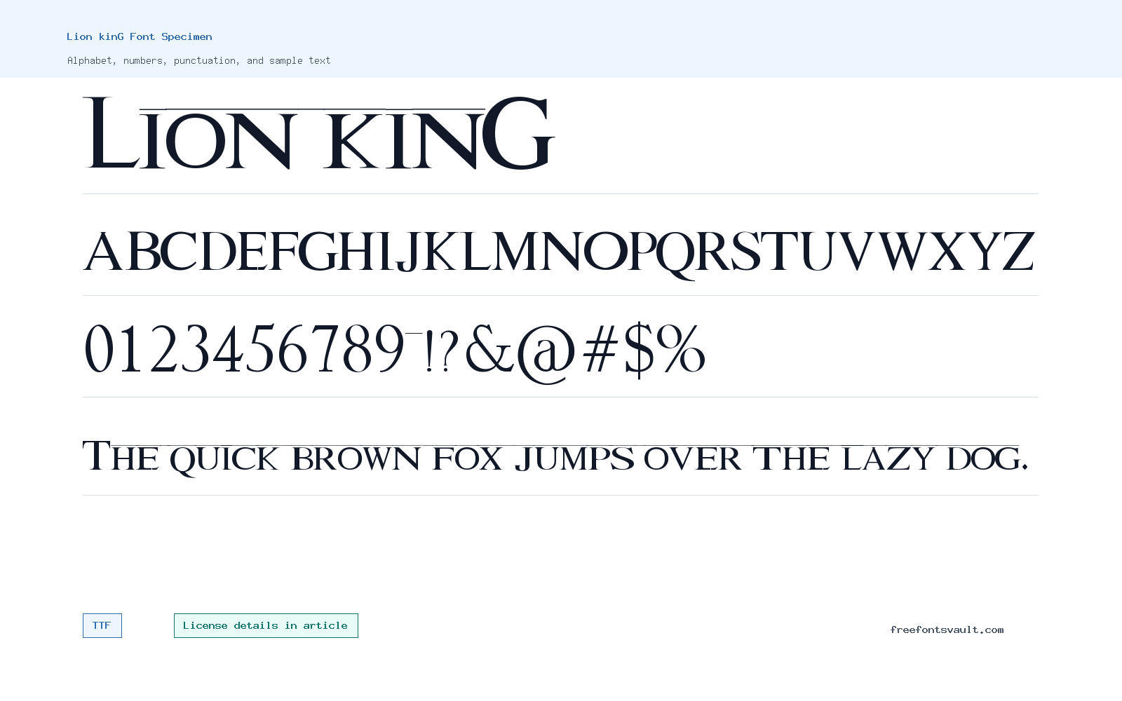 Lion kinG font specimen showing alphabet, numbers, and sample text
