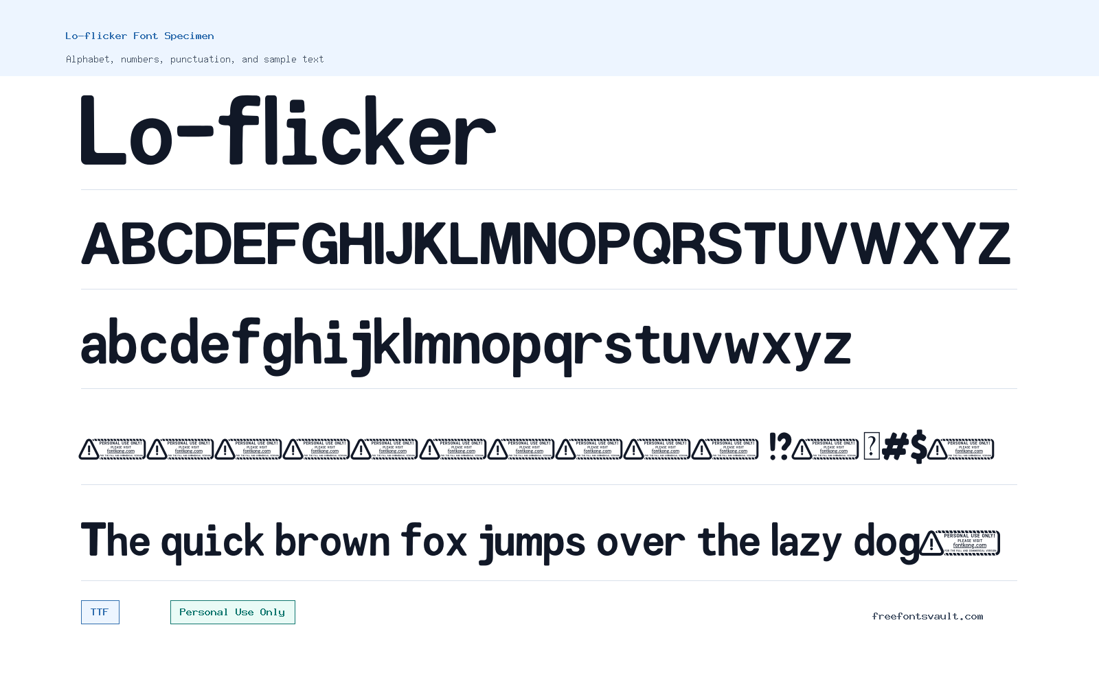 Lo-flicker font specimen showing alphabet, numbers, and sample text