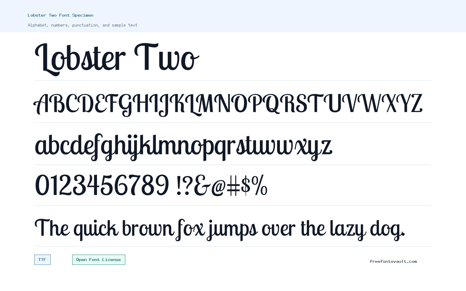 Lobster Two font specimen showing alphabet, numbers, and sample text