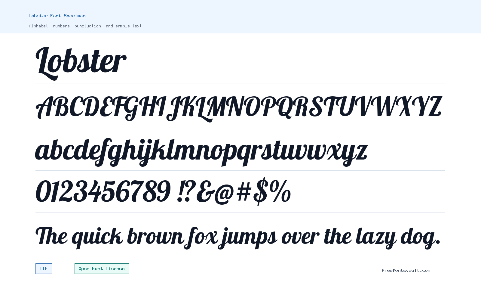 Lobster font specimen showing alphabet, numbers, and sample text