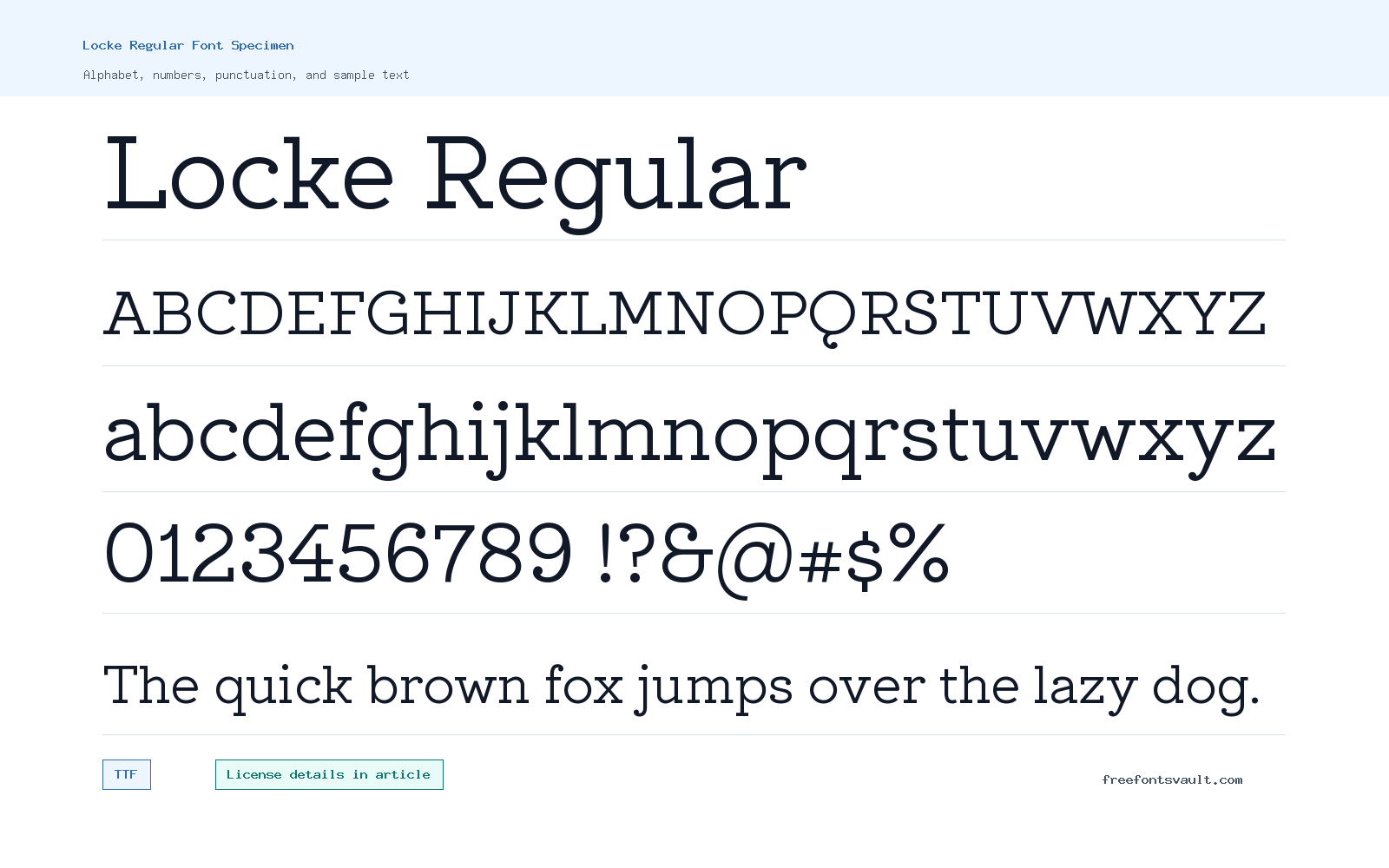Locke Regular font specimen showing alphabet, numbers, and sample text