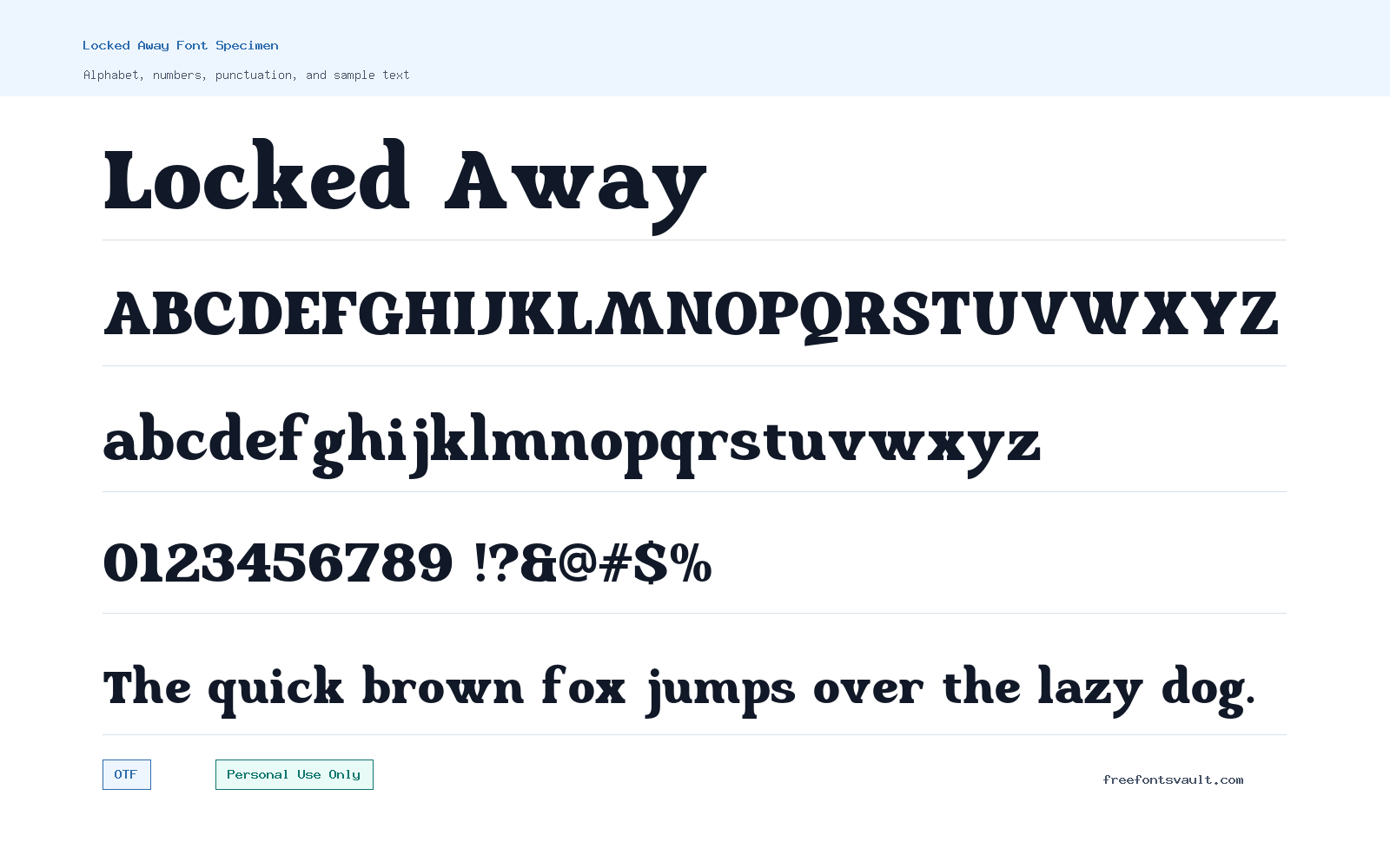 Locked Away font specimen showing alphabet, numbers, and sample text