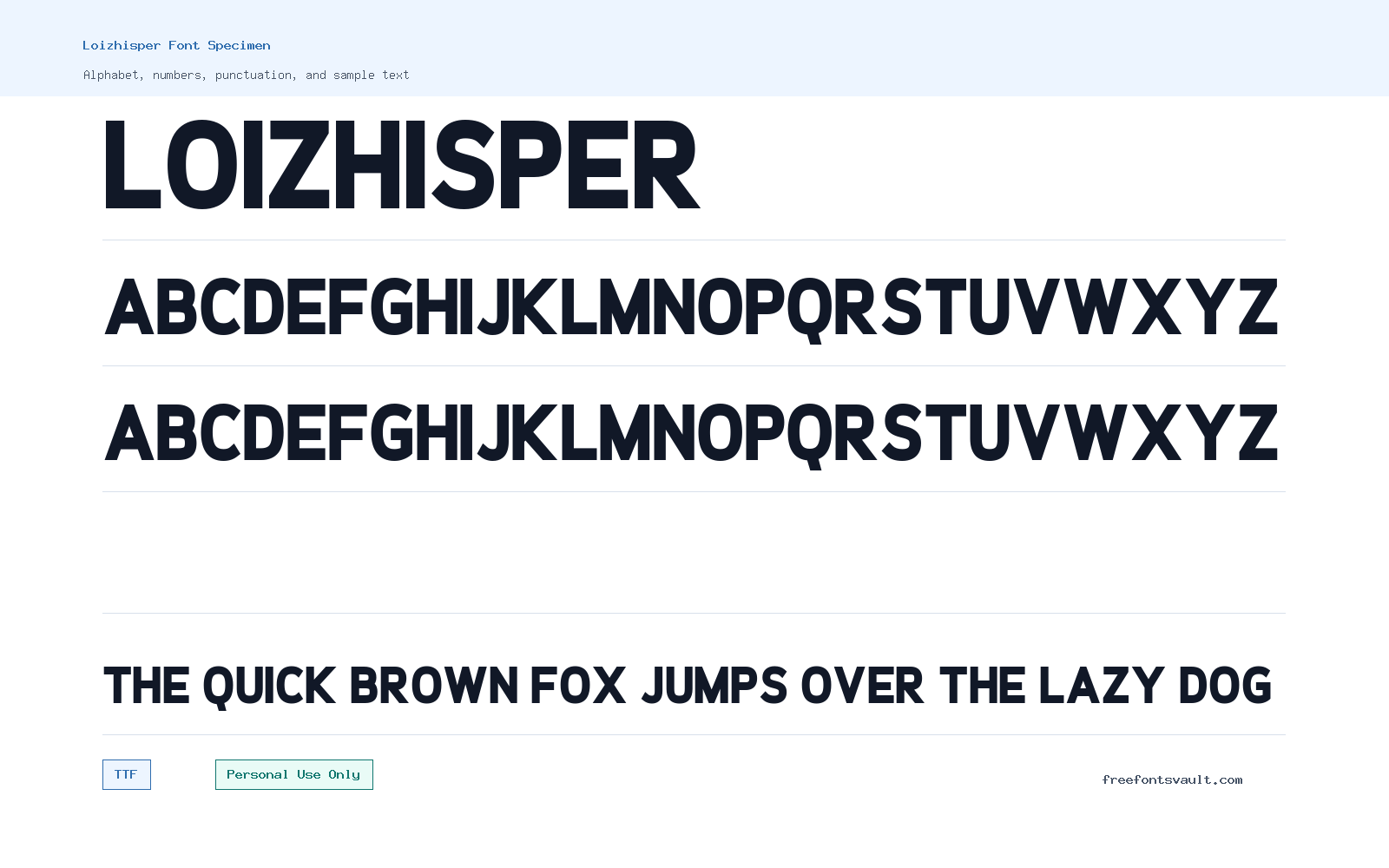 Loizhisper font specimen showing alphabet, numbers, and sample text