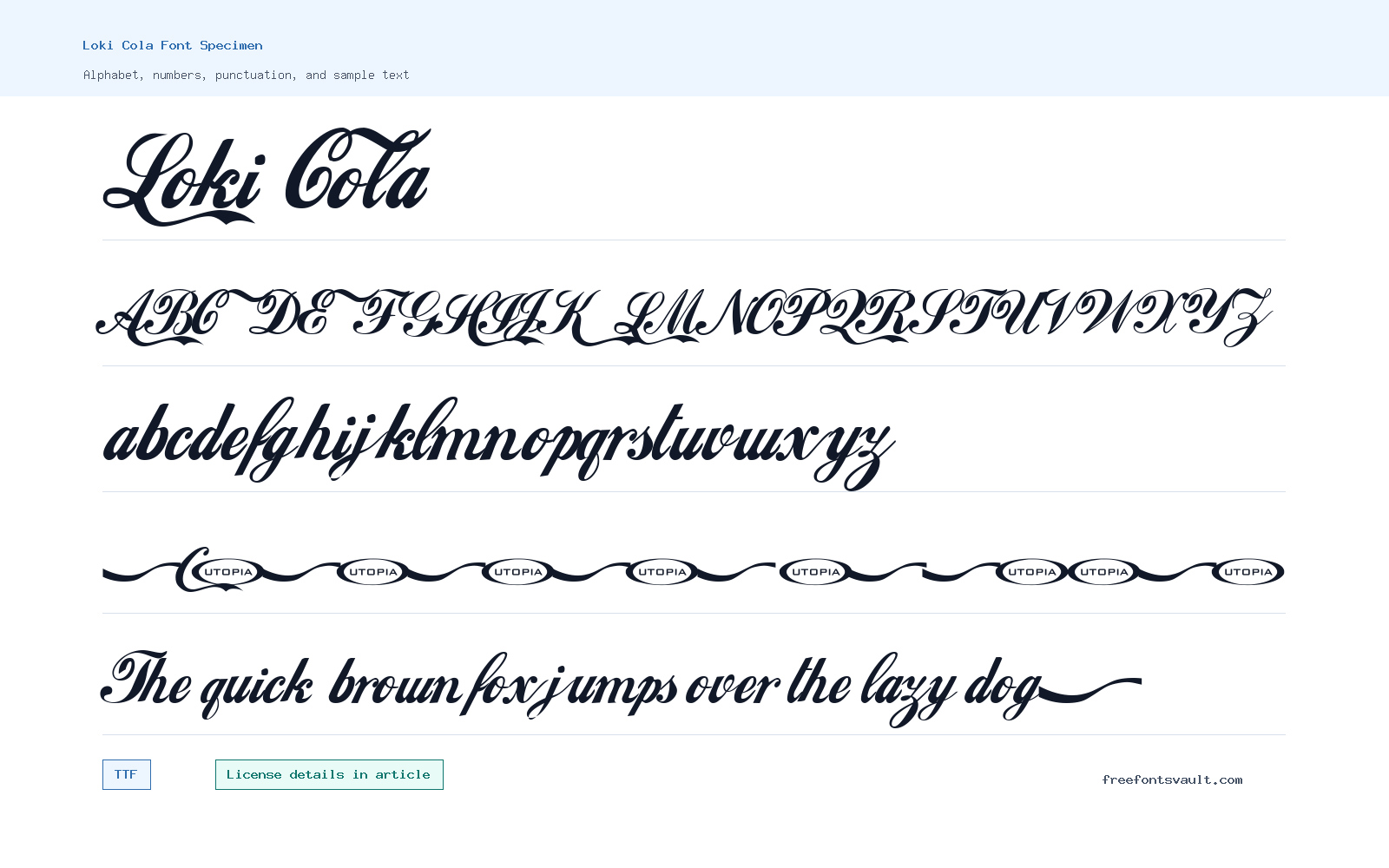 Loki Cola font specimen showing alphabet, numbers, and sample text