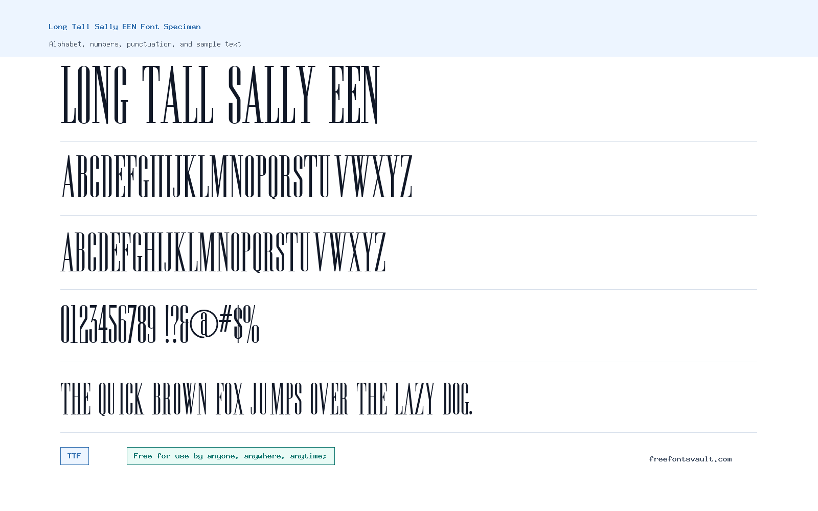 Long Tall Sally EEN font specimen showing alphabet, numbers, and sample text
