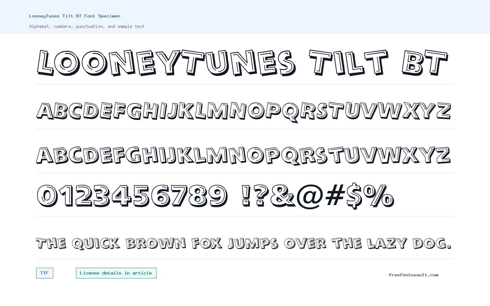 LooneyTunes Tilt BT font specimen showing alphabet, numbers, and sample text