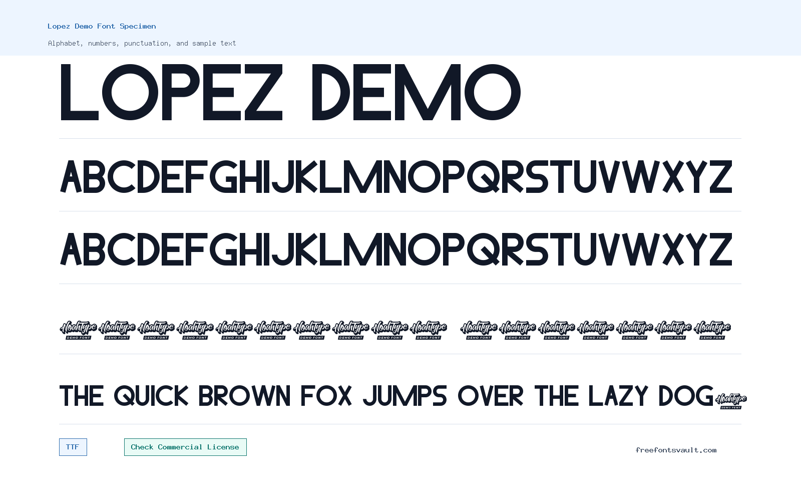 Lopez Demo font specimen showing alphabet, numbers, and sample text