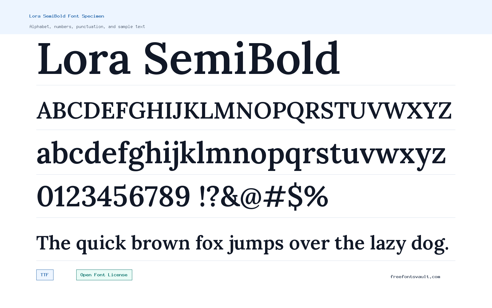 Lora SemiBold font specimen showing alphabet, numbers, and sample text