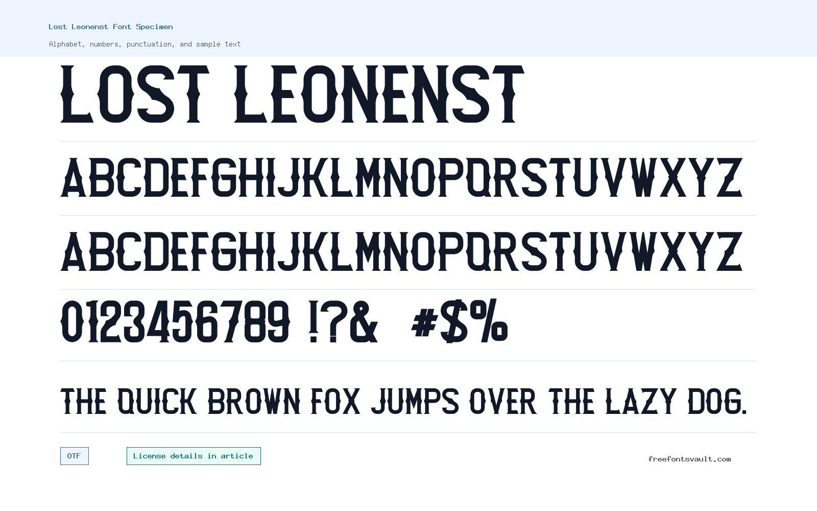 Lost Leonenst font specimen showing alphabet, numbers, and sample text