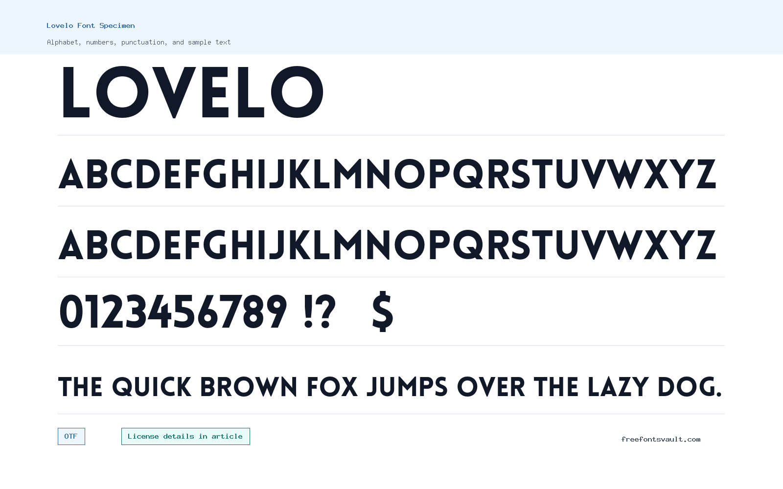 Lovelo font specimen showing alphabet, numbers, and sample text