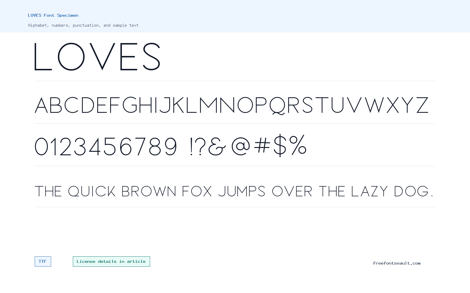 LOVES font specimen showing alphabet, numbers, and sample text