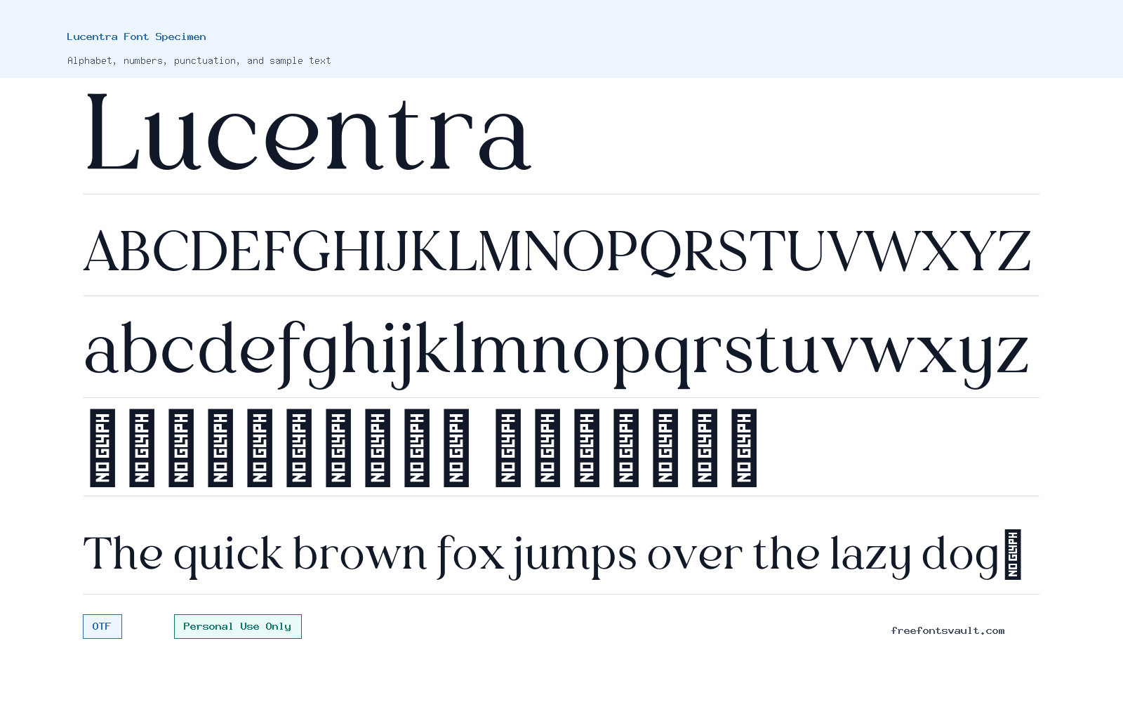Lucentra font specimen showing alphabet, numbers, and sample text