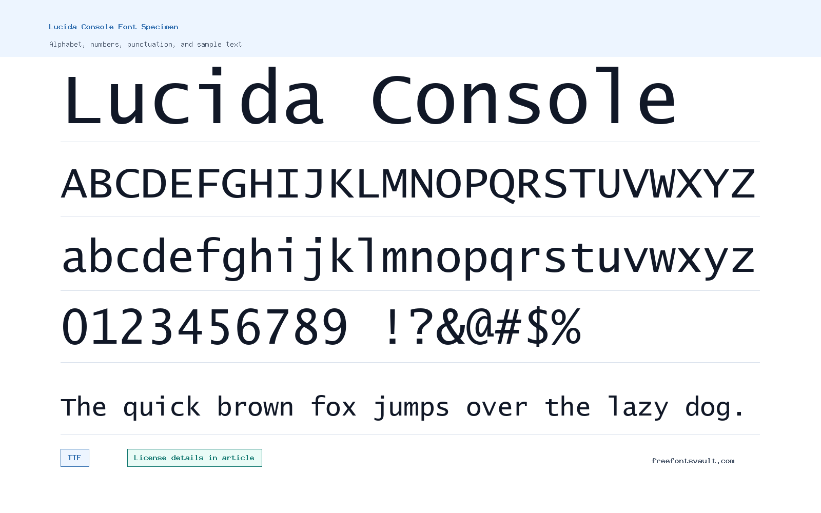 Lucida Console font specimen showing alphabet, numbers, and sample text