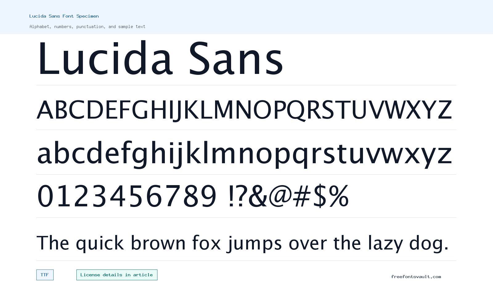 Lucida Sans font specimen showing alphabet, numbers, and sample text