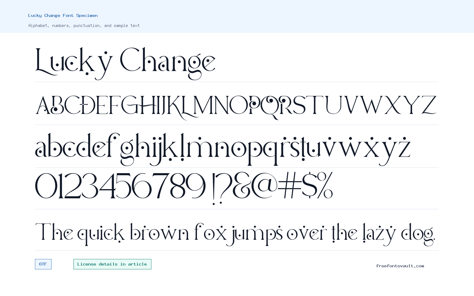 Lucky Change font specimen showing alphabet, numbers, and sample text