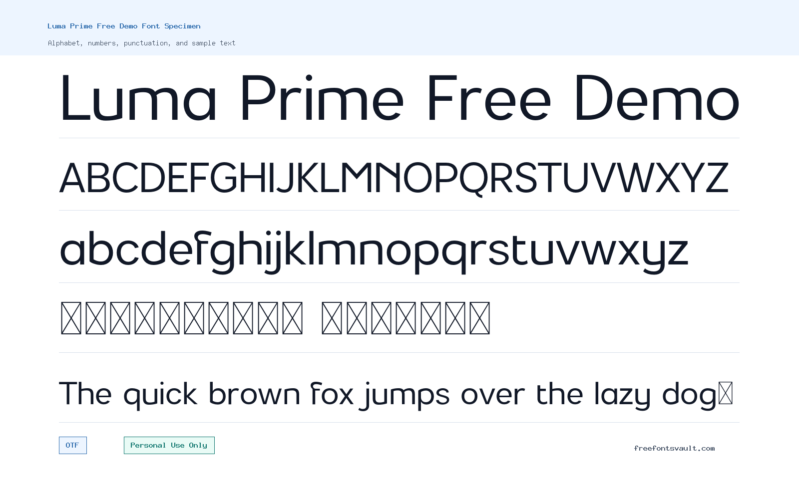Luma Prime Free Demo font specimen showing alphabet, numbers, and sample text