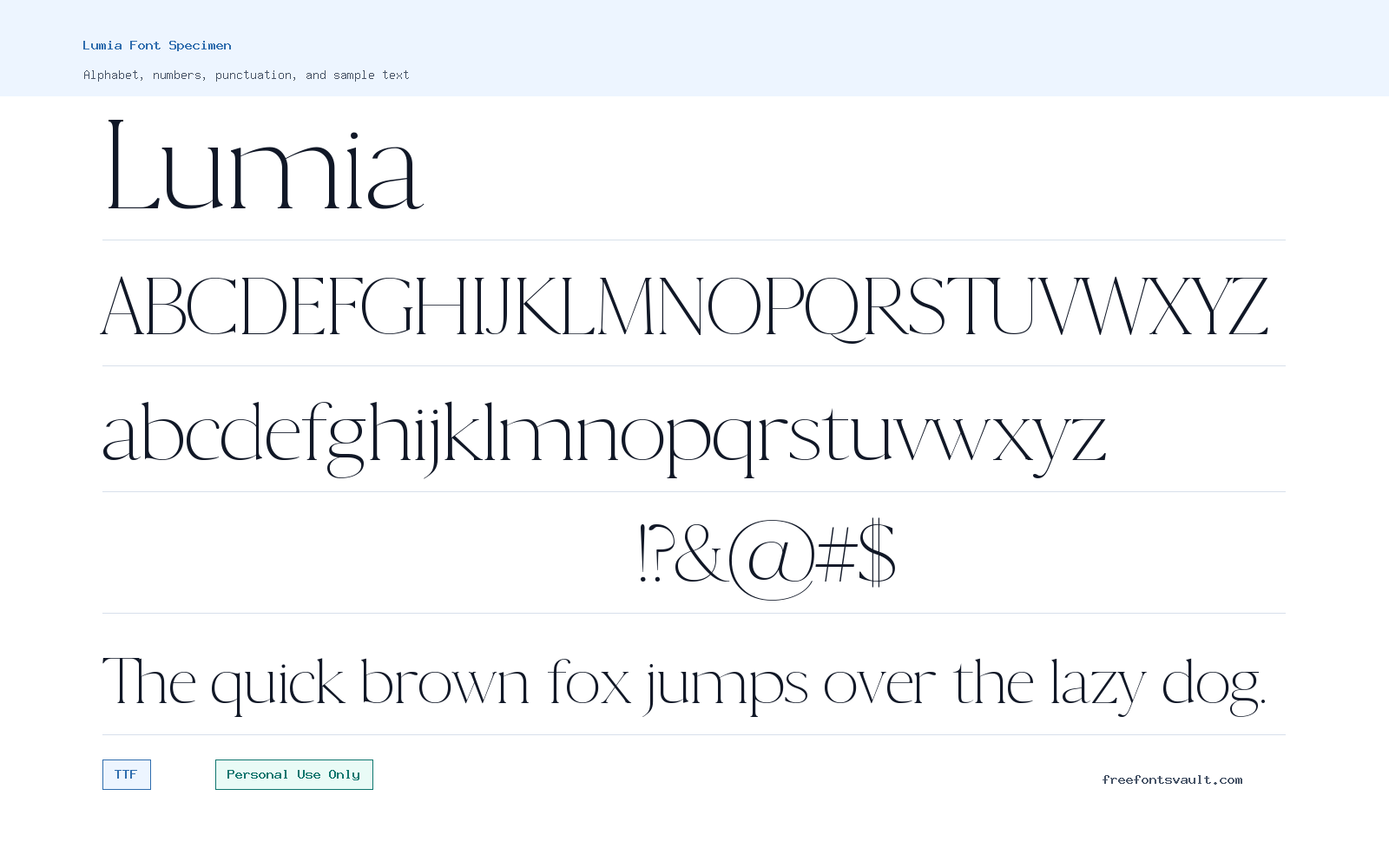 Lumia font specimen showing alphabet, numbers, and sample text