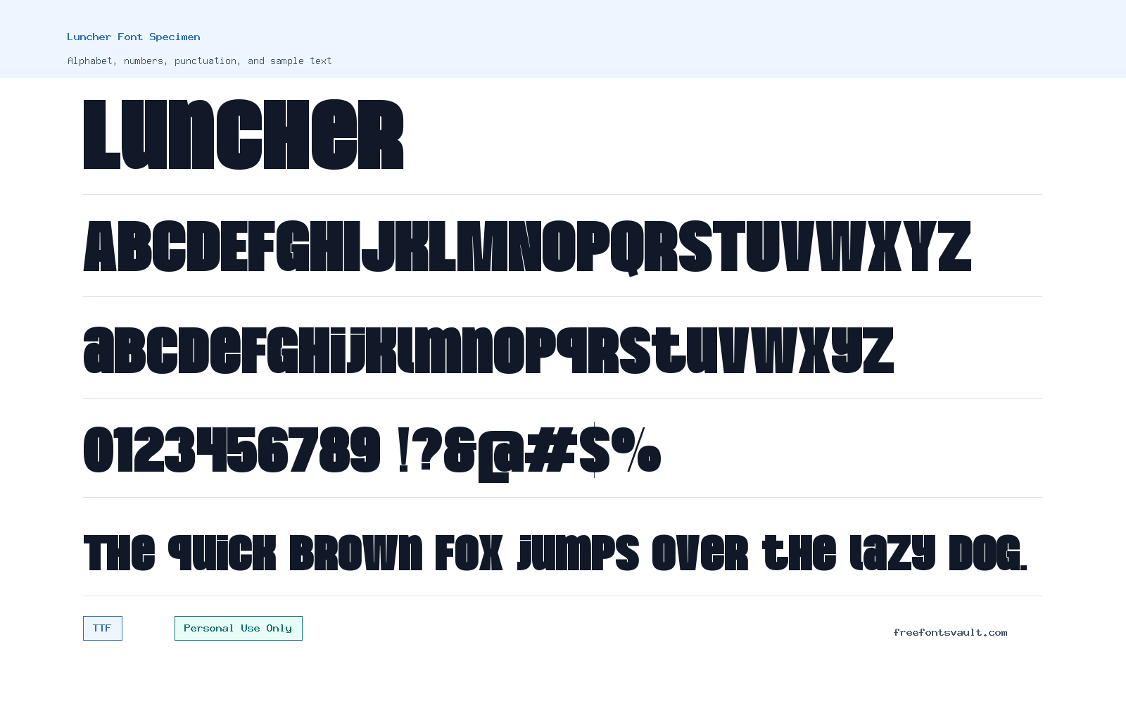 Luncher font specimen showing alphabet, numbers, and sample text