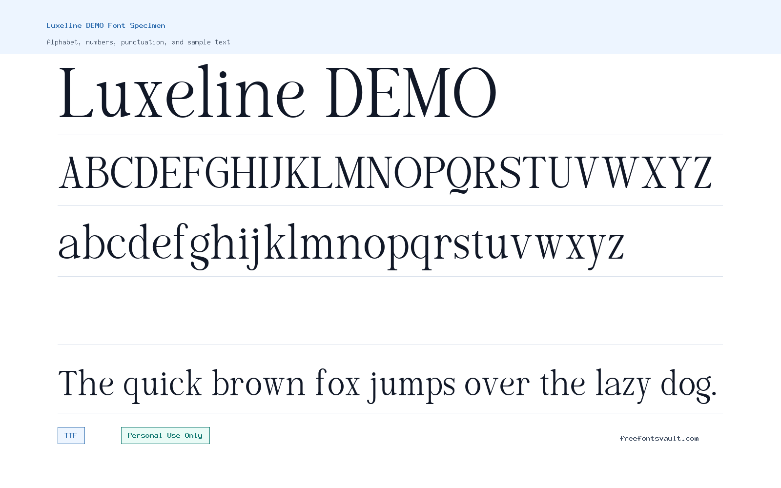 Luxeline DEMO font specimen showing alphabet, numbers, and sample text