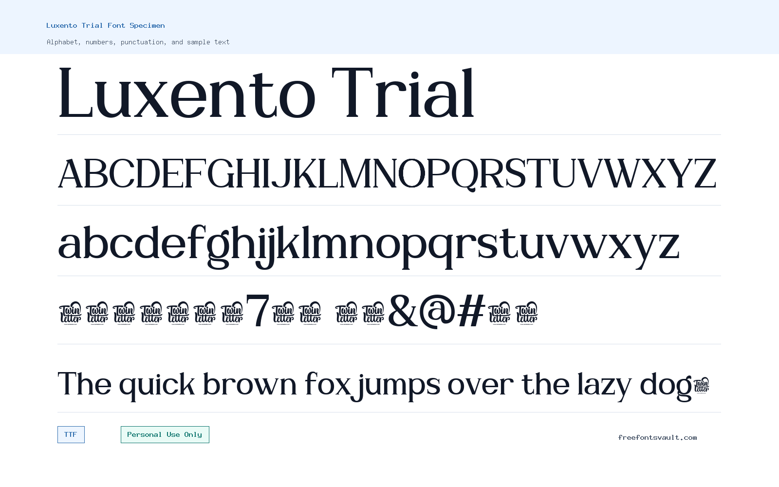 Luxento Trial font specimen showing alphabet, numbers, and sample text