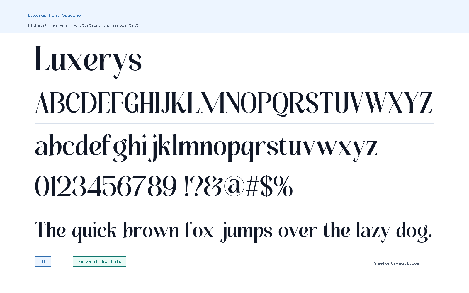 Luxerys font specimen showing alphabet, numbers, and sample text