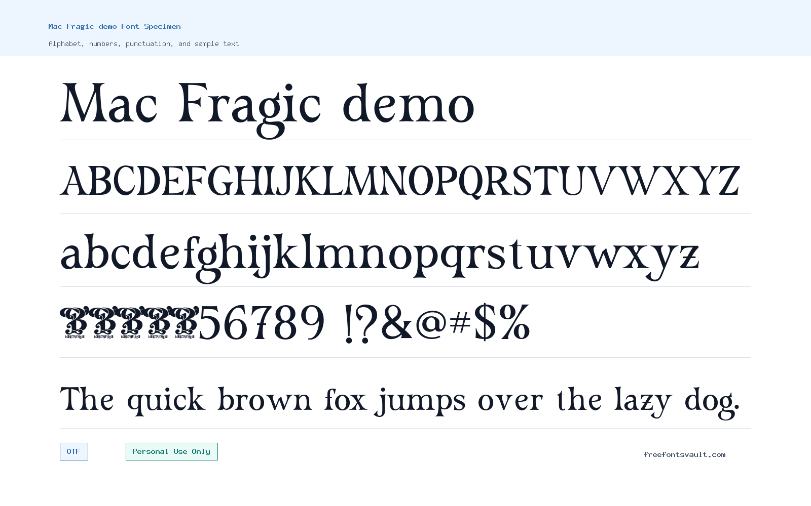 Mac Fragic demo font specimen showing alphabet, numbers, and sample text