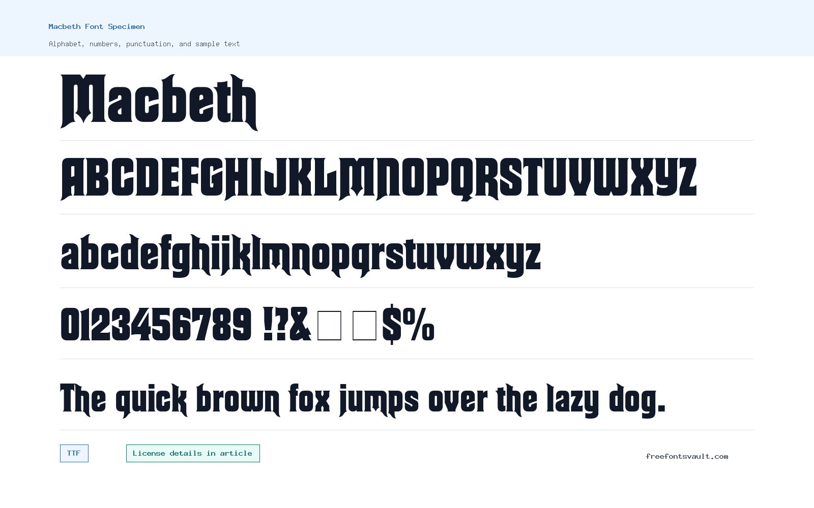 Macbeth font specimen showing alphabet, numbers, and sample text