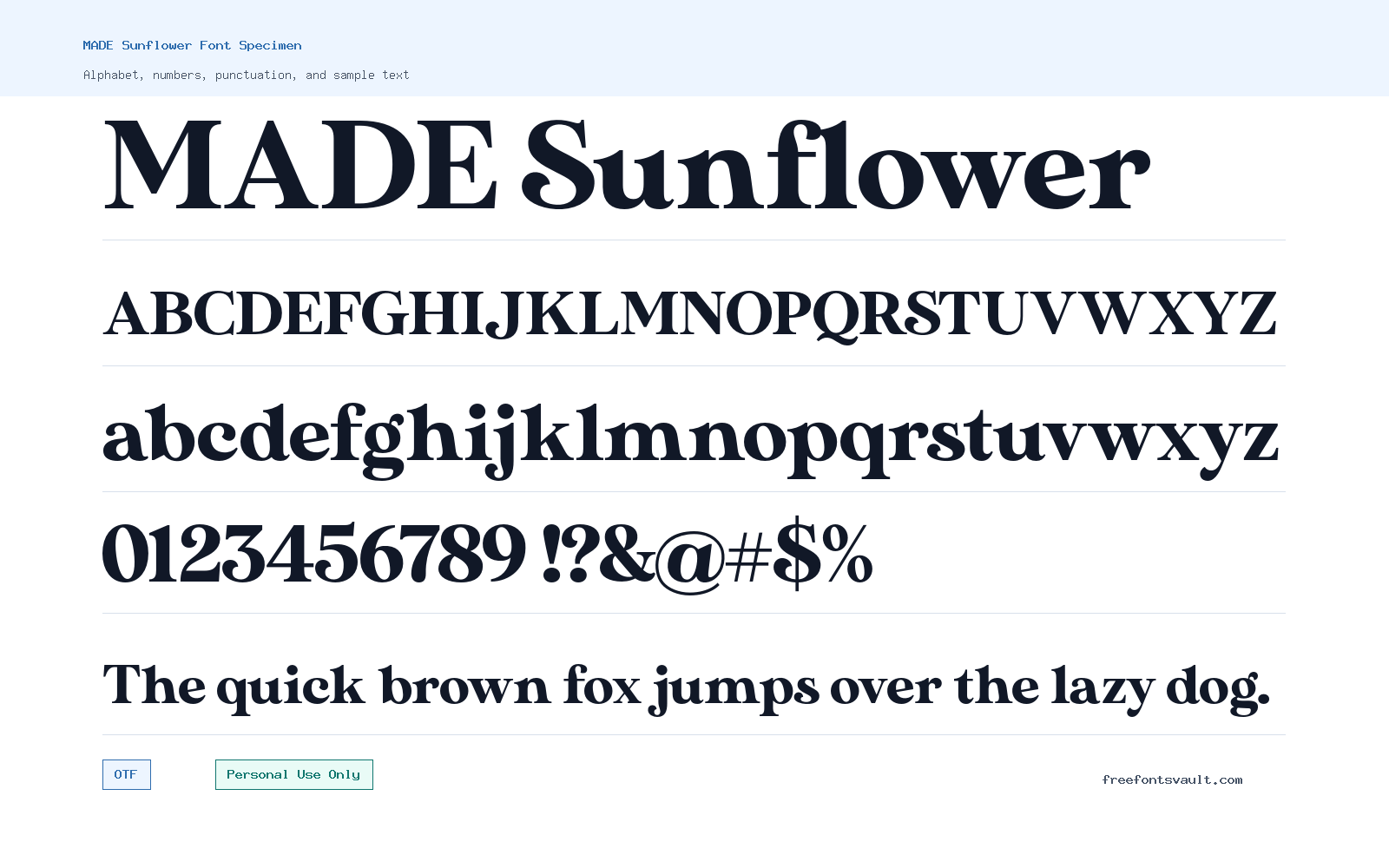 MADE Sunflower font specimen showing alphabet, numbers, and sample text