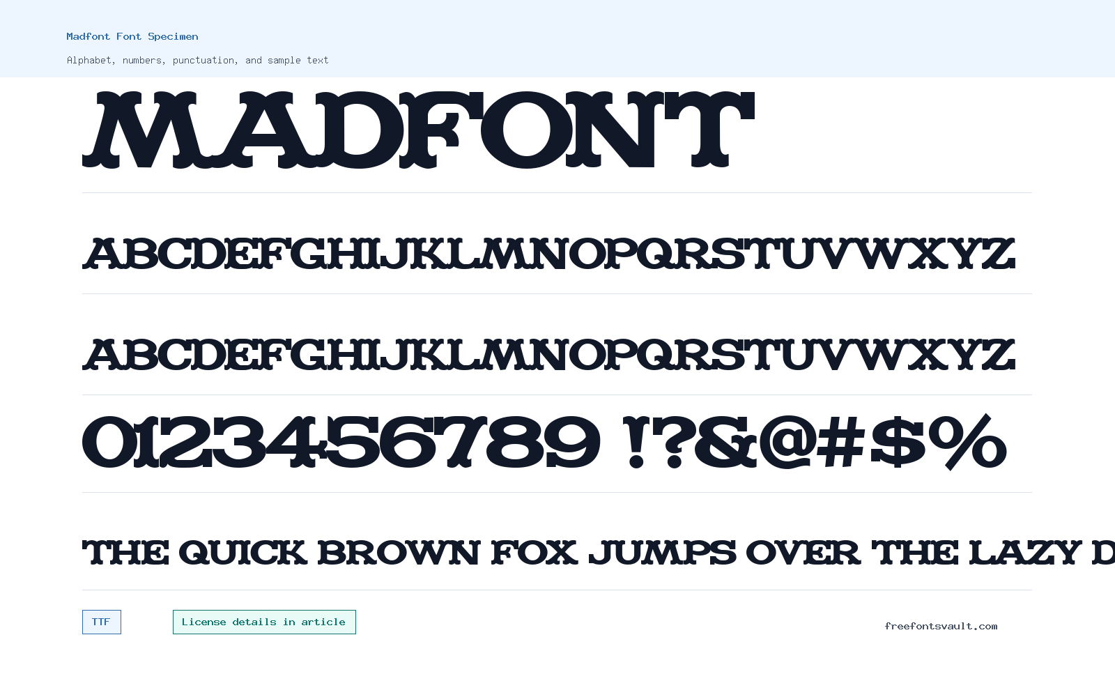 Madfont font specimen showing alphabet, numbers, and sample text