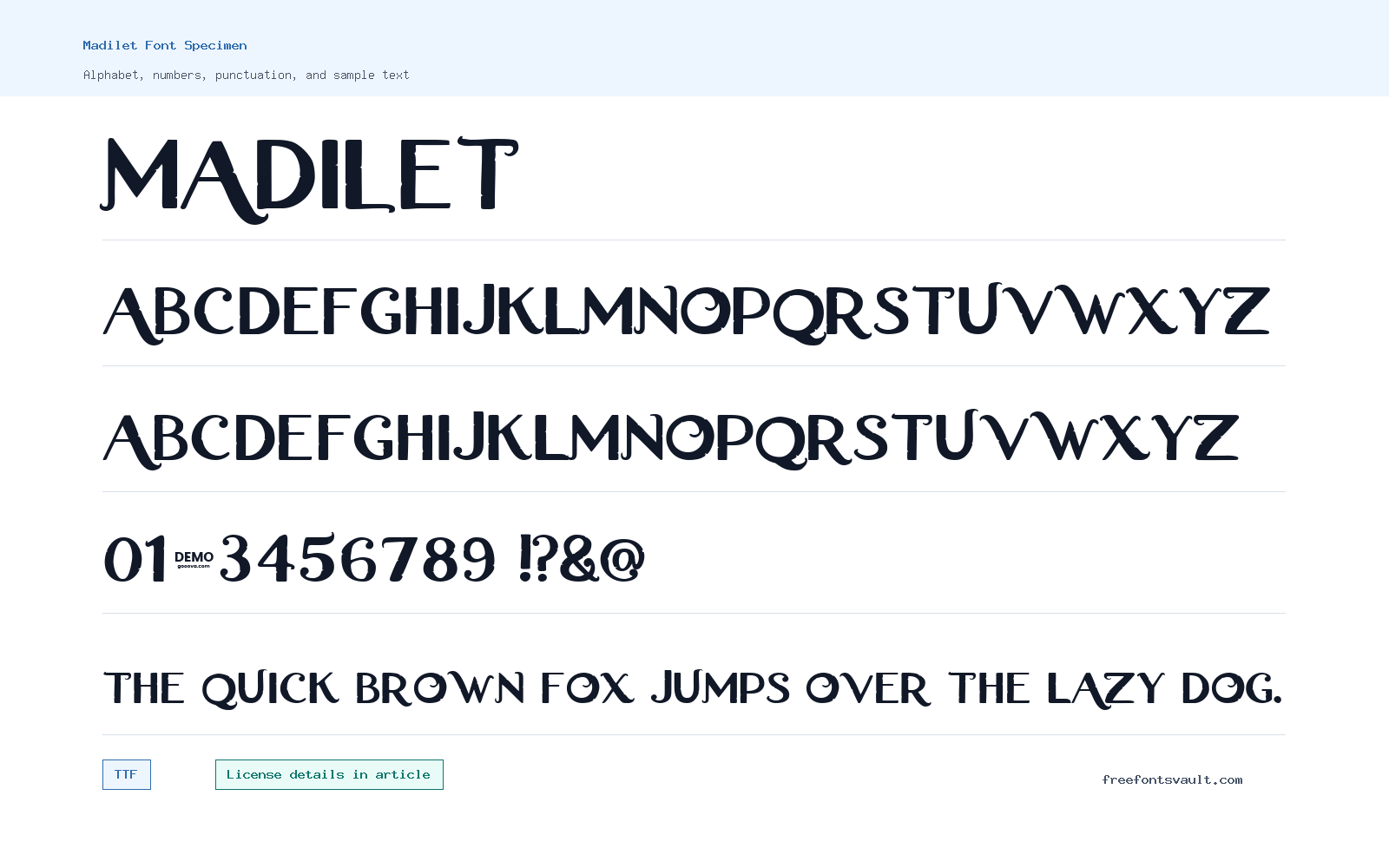 Madilet font specimen showing alphabet, numbers, and sample text