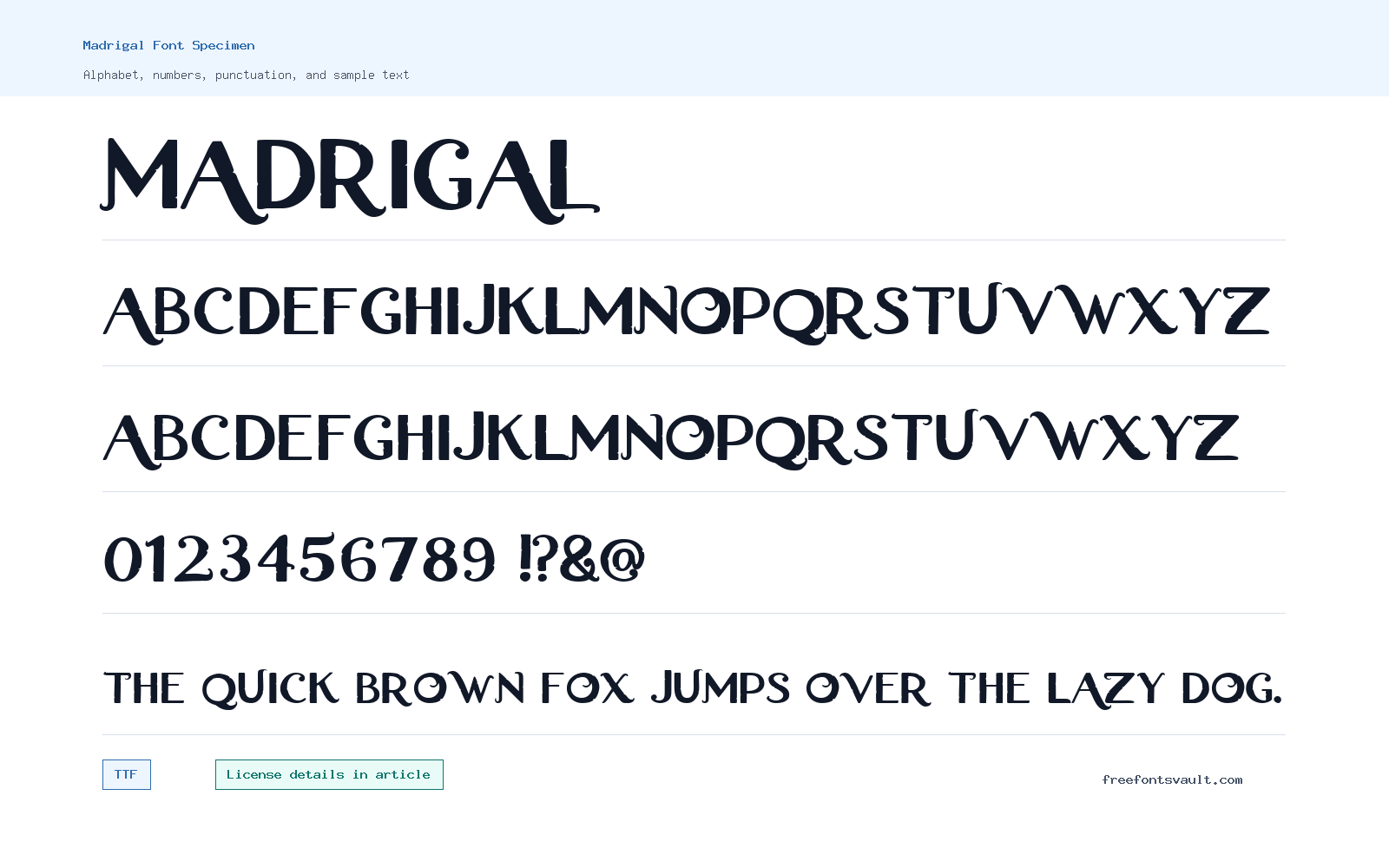 Madrigal font specimen showing alphabet, numbers, and sample text
