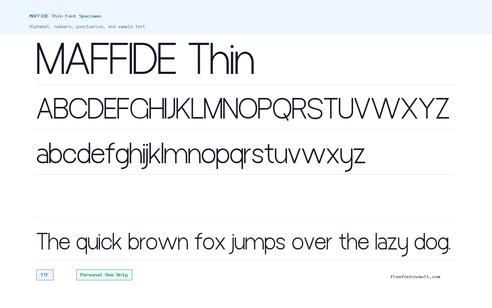 MAFFIDE Thin font specimen showing alphabet, numbers, and sample text