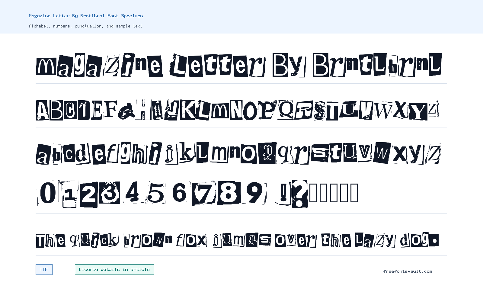 Magazine Letter By Brntlbrnl font specimen showing alphabet, numbers, and sample text