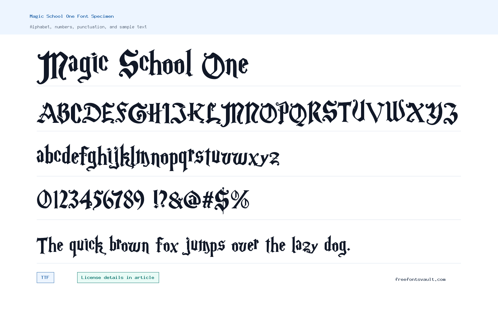 Magic School One font specimen showing alphabet, numbers, and sample text
