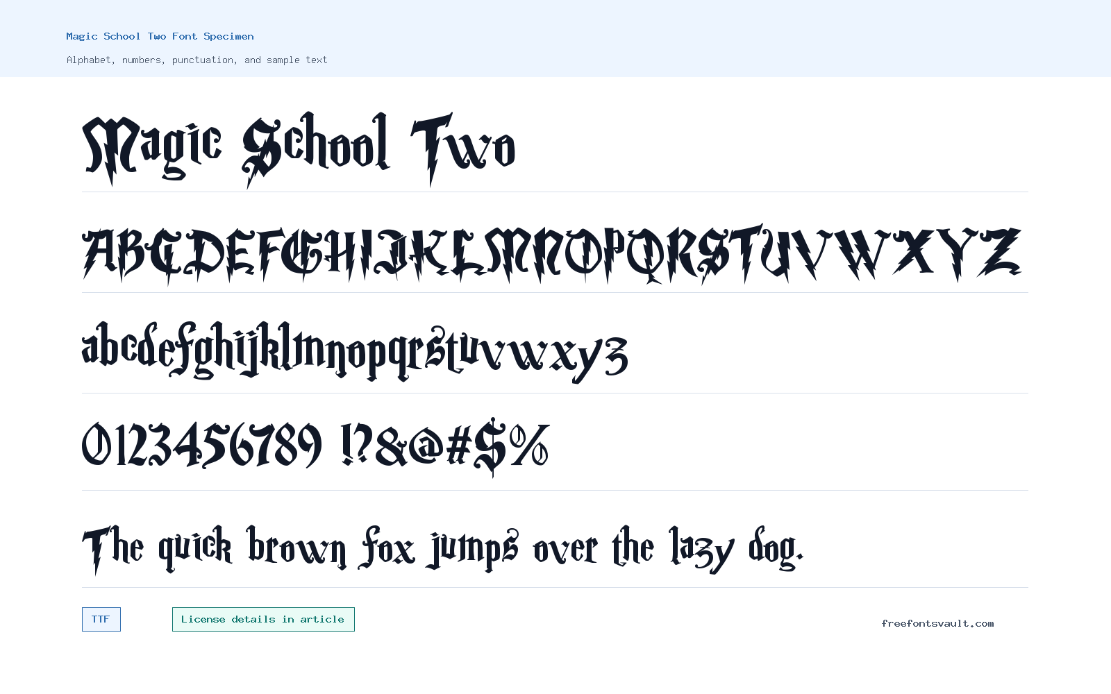 Magic School Two font specimen showing alphabet, numbers, and sample text