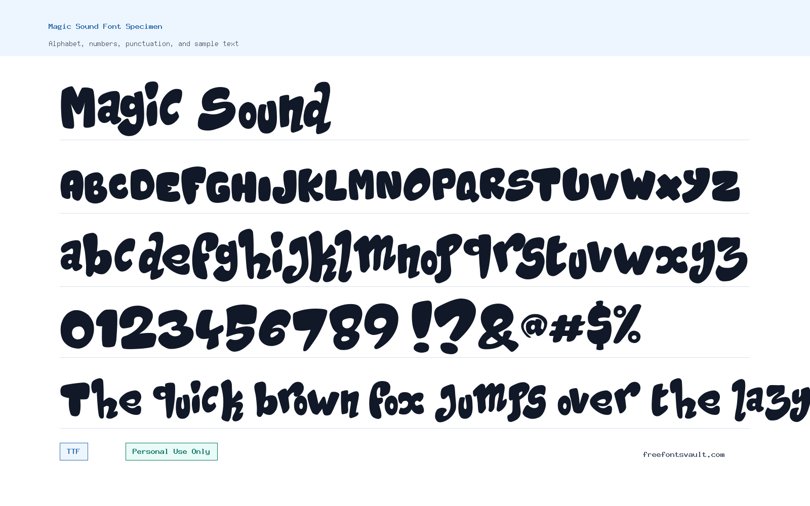 Magic Sound font specimen showing alphabet, numbers, and sample text