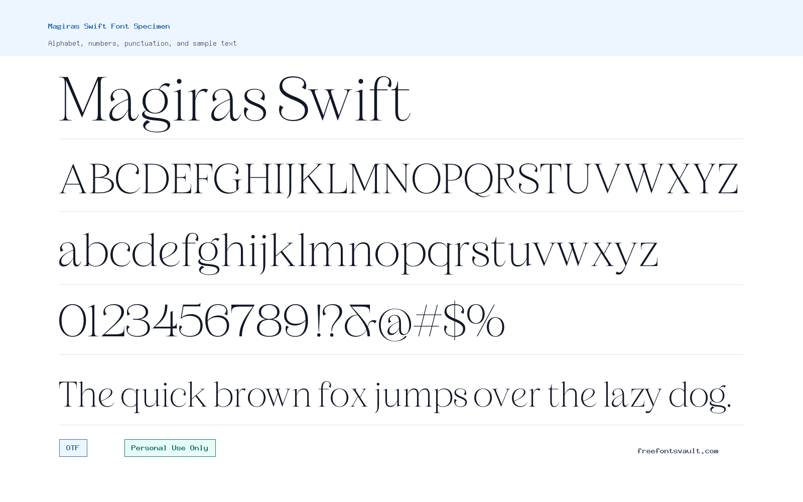 Magiras Swift font specimen showing alphabet, numbers, and sample text