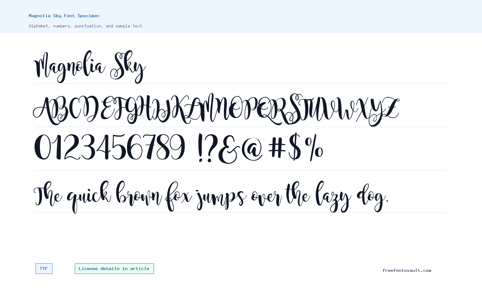 Magnolia Sky font specimen showing alphabet, numbers, and sample text
