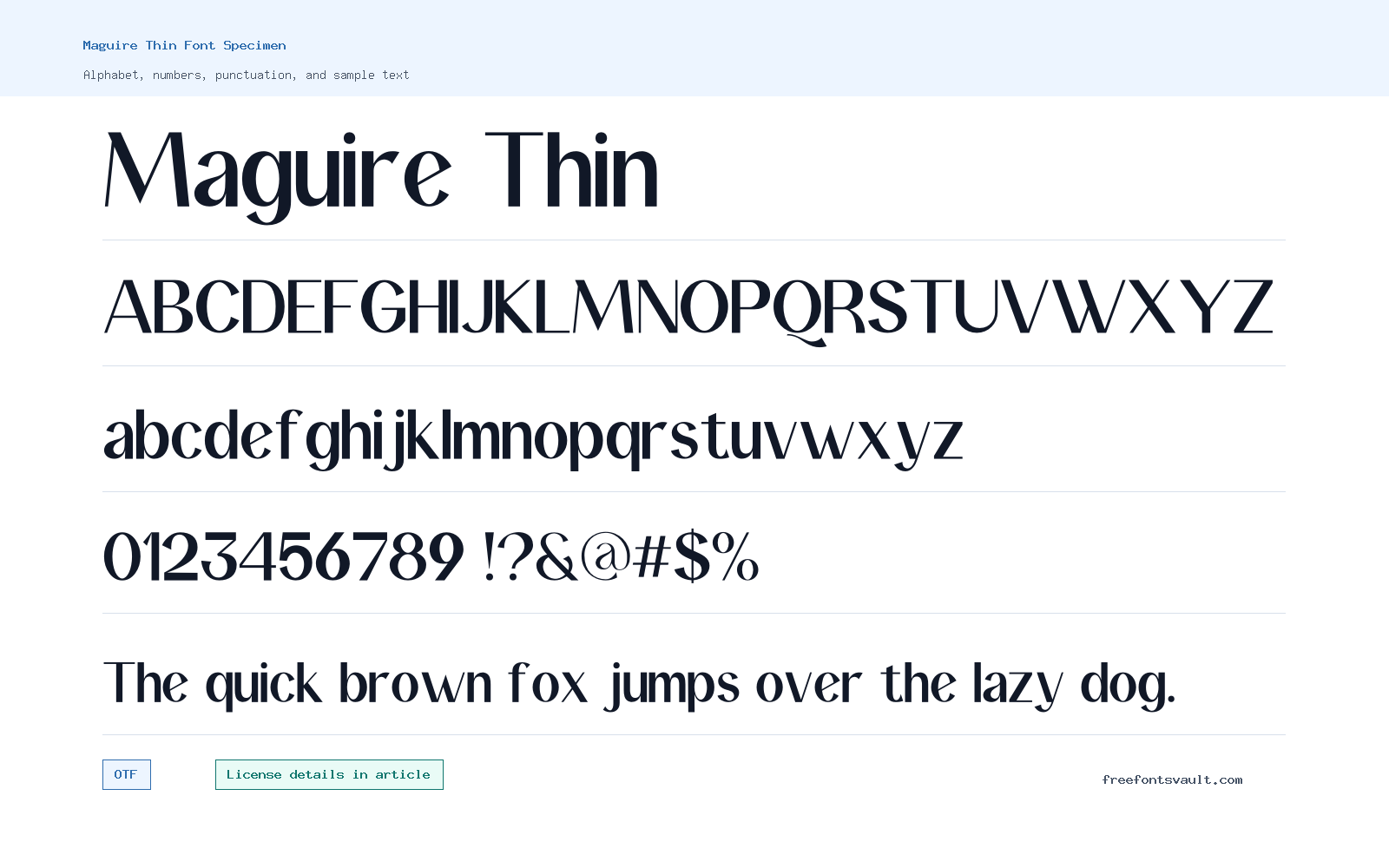 Maguire Thin font specimen showing alphabet, numbers, and sample text