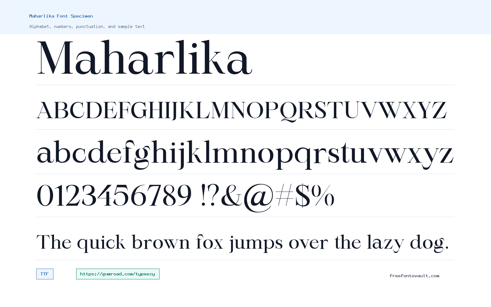 Maharlika font specimen showing alphabet, numbers, and sample text