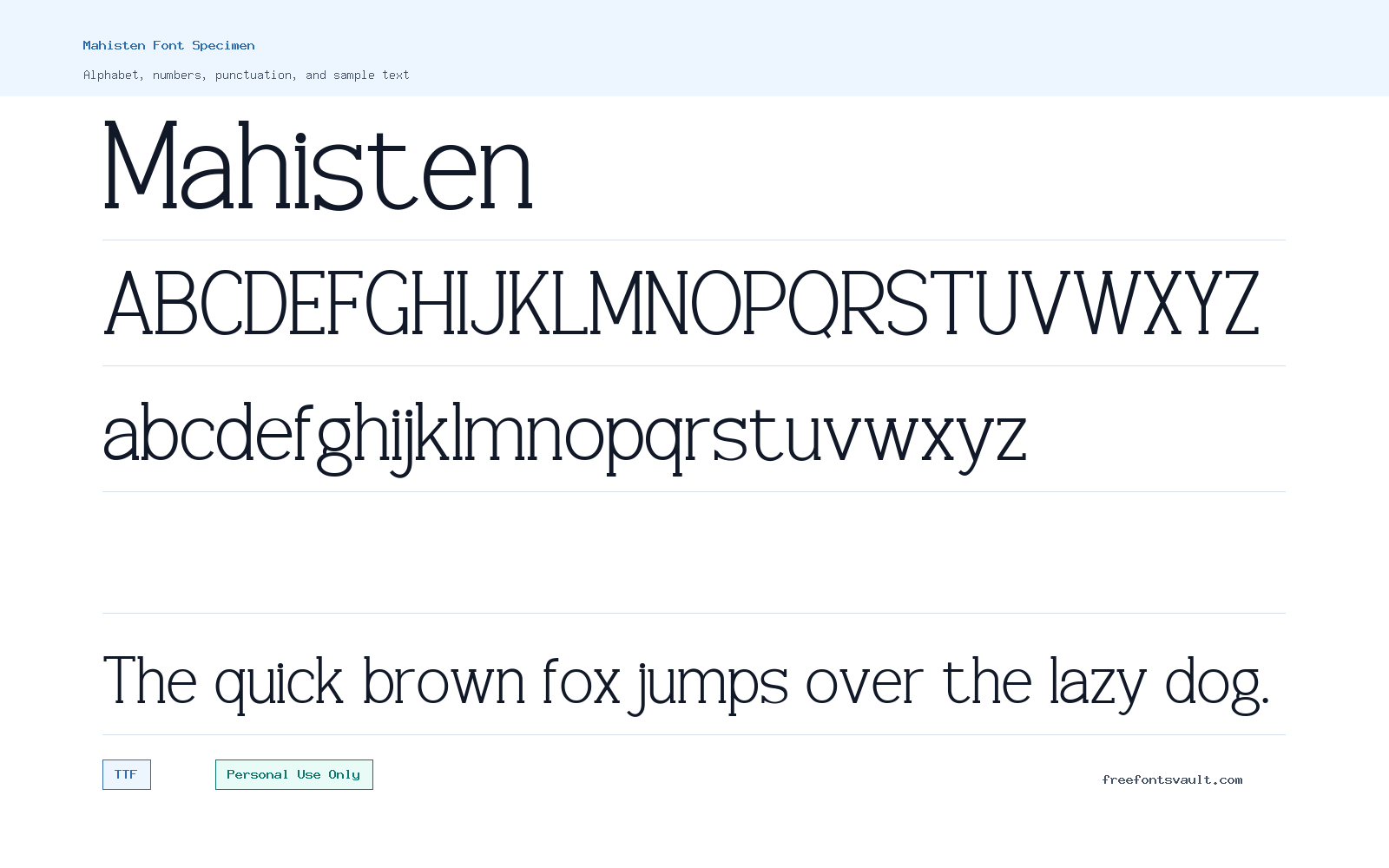 Mahisten font specimen showing alphabet, numbers, and sample text