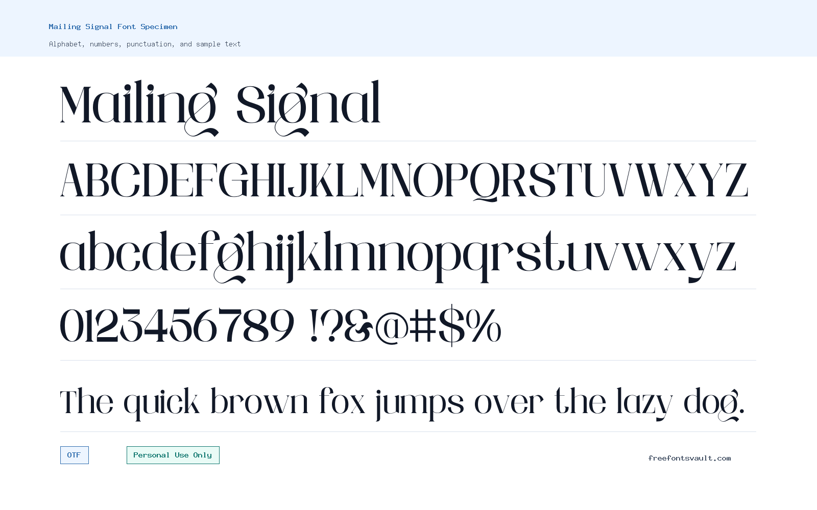 Mailing Signal font specimen showing alphabet, numbers, and sample text