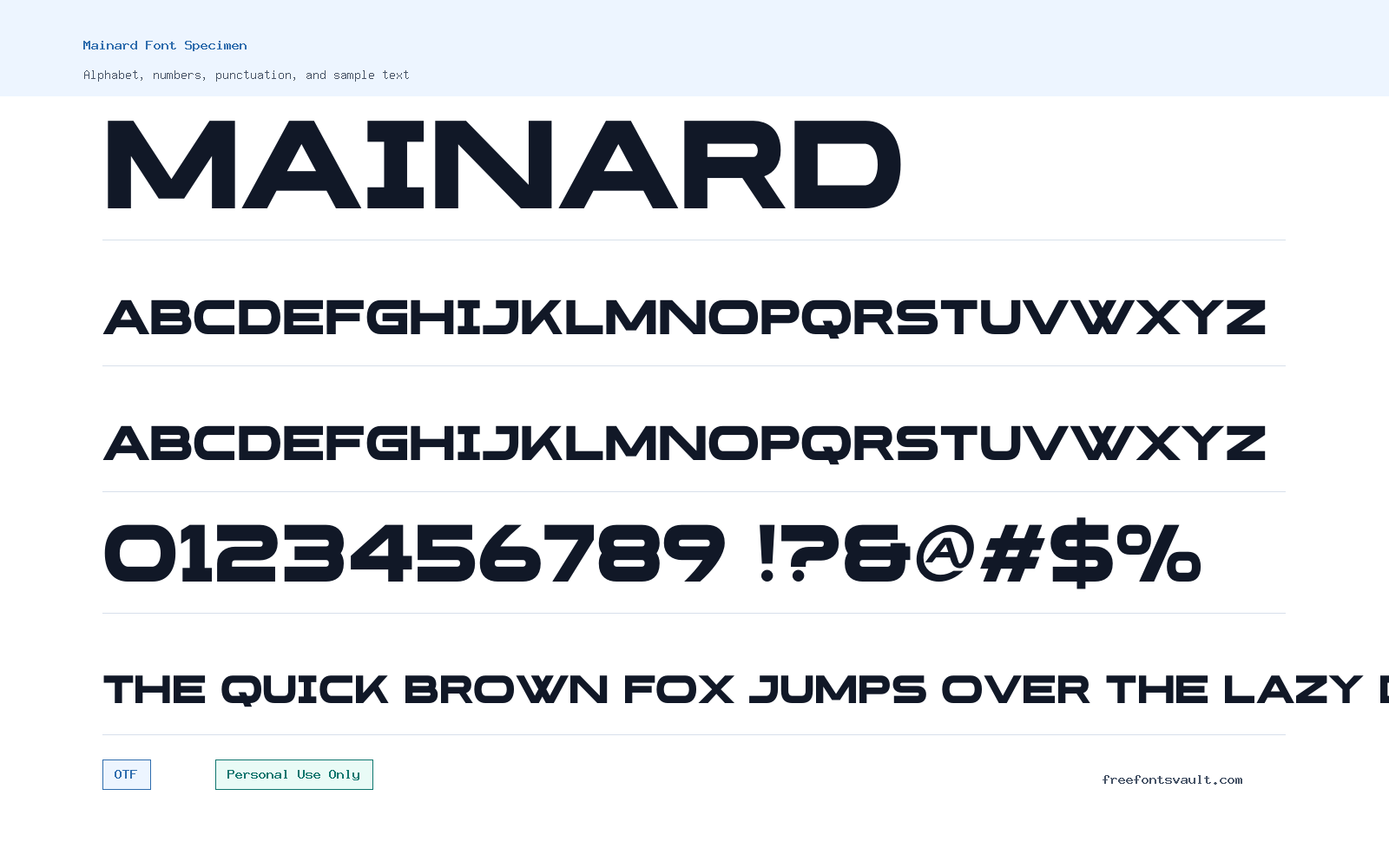 Mainard font specimen showing alphabet, numbers, and sample text