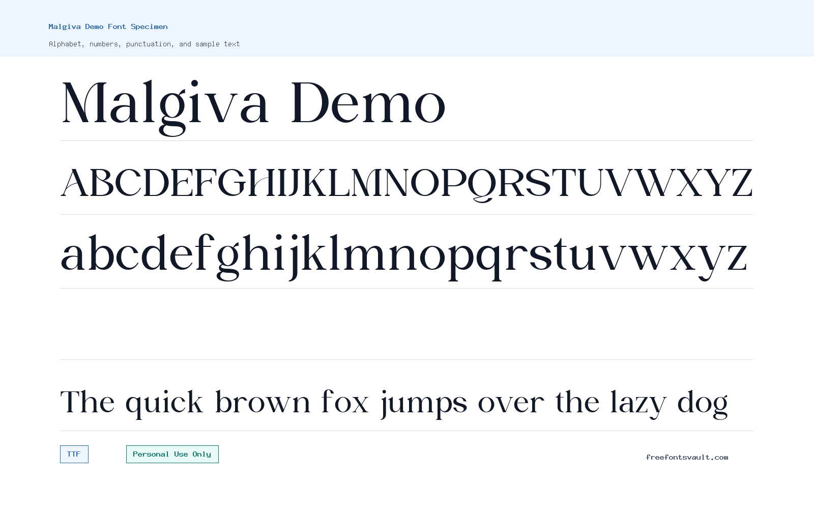 Malgiva Demo font specimen showing alphabet, numbers, and sample text