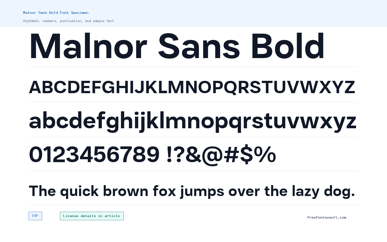 Malnor Sans Bold font specimen showing alphabet, numbers, and sample text