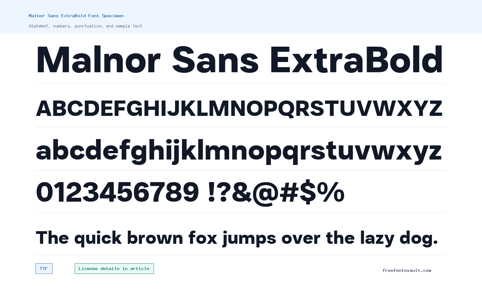 Malnor Sans ExtraBold font specimen showing alphabet, numbers, and sample text
