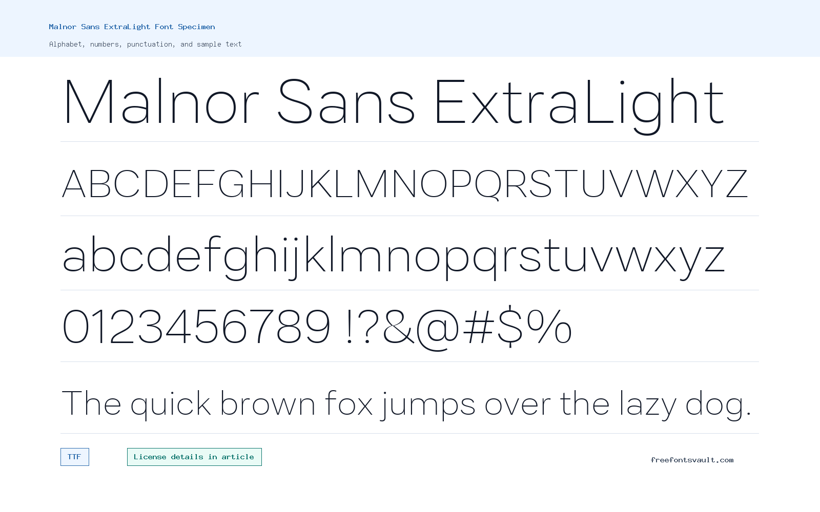 Malnor Sans ExtraLight font specimen showing alphabet, numbers, and sample text