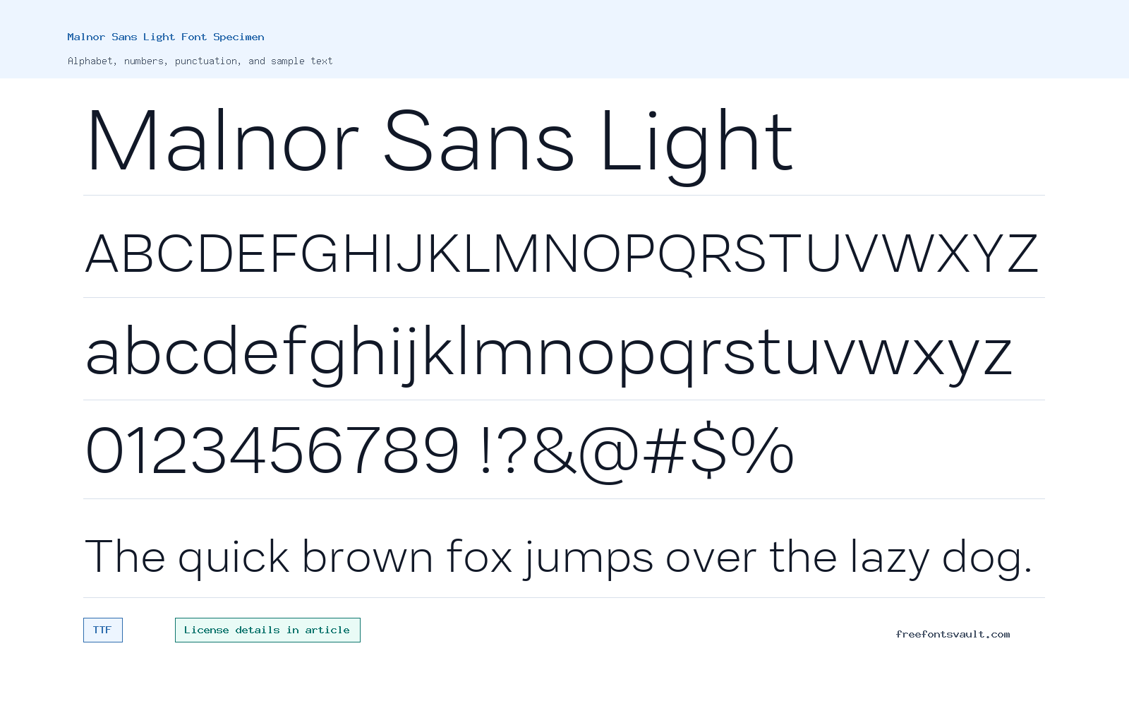 Malnor Sans Light font specimen showing alphabet, numbers, and sample text