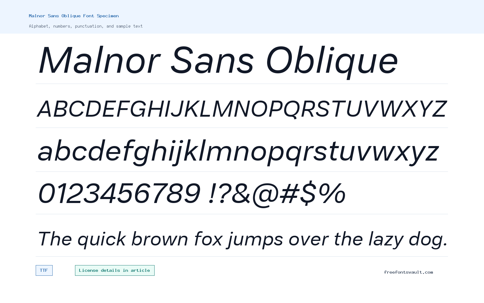 Malnor Sans Oblique font specimen showing alphabet, numbers, and sample text