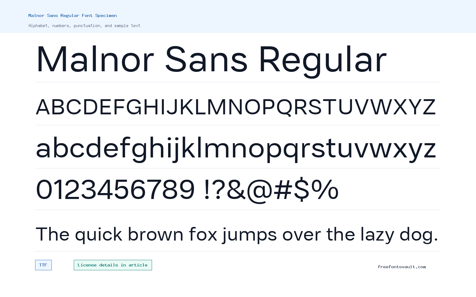 Malnor Sans Regular font specimen showing alphabet, numbers, and sample text